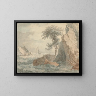 Boats near a rocky coast - François Vivares — framed artwork on a wall