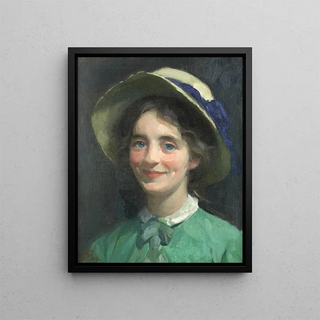 Portrait of a Girl with a Hat - Frank Bramley — framed artwork on a wall