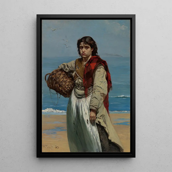 Young girl with basket on the beach The Mourning of Ireland - Frank Buchser — framed artwork on a wall