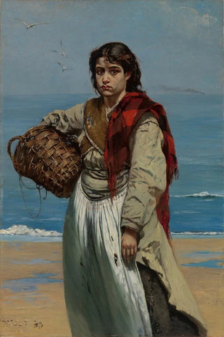 Young girl with basket on the beach The Mourning of Ireland - Frank Buchser — artwork view