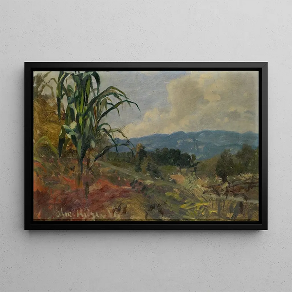 Landscape painting with giant corn in the foreground - Frank Buchser — framed artwork on a wall