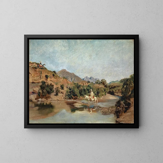 Cavalier marocain traversant le gué à Wad Boswicha - Frank Buchser — framed artwork on a wall