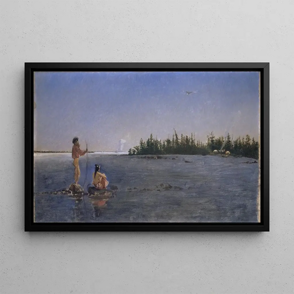 River landscape painting, Native Americans fishing - Frank Buchser — framed artwork on a wall