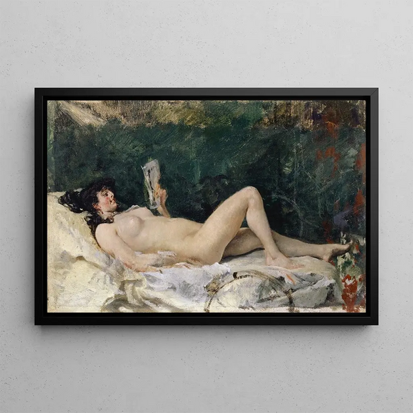 Young woman lying on a bed and reading - Frank Buchser — framed artwork on a wall