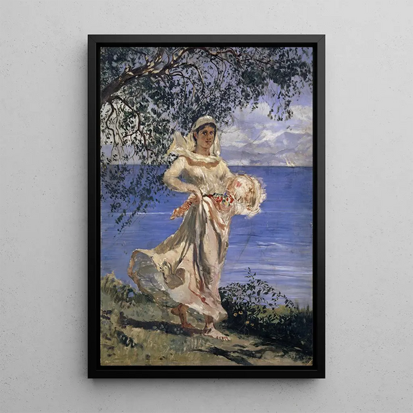 Young woman standing by a lake Diamantina - Frank Buchser — framed artwork on a wall