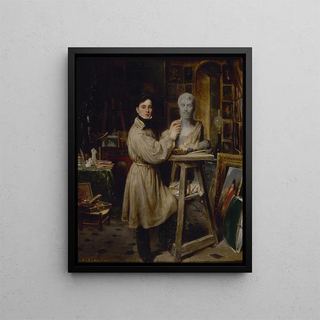 Jean-Pierre Dantan, 1800-1869, in his studio sculpting the bust of Lépaulle - François-Gabriel-Guillaume Lépaulle — framed artwork on a wall