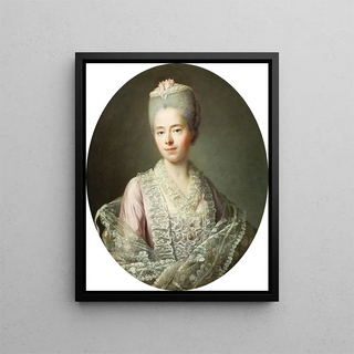 Portrait painting of René Anne Jacquette Guillemette Moulin de la Racinère, Madame d'Angot, 1727-1775 - François-Hubert Drouais — framed artwork on a wall