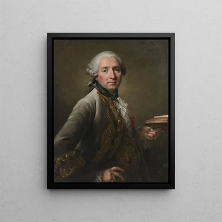 Portrait painting of Antoine Corbeau, Marquis de Vaulserre, wearing the Order of Saint Louis and holding a book - François-Hubert Drouais — framed artwork on a wall