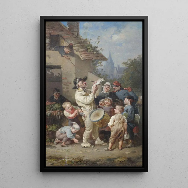 A town crier is teased by children - François-Louis Lanfant de Metz — framed artwork on a wall