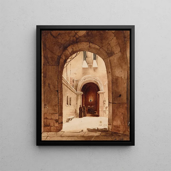 Two hermits walking under vaults - François-Marius Granet — framed artwork on a wall