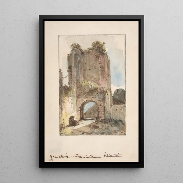 Monk sitting in front of a ruined door - François-Marius Granet — framed artwork on a wall