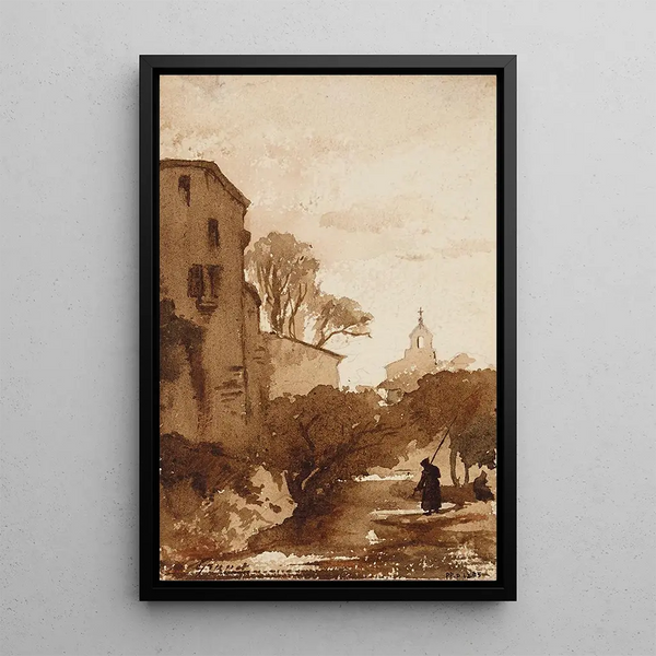 Landscape painting with a bell tower - François-Marius Granet — framed artwork on a wall
