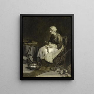 a woman peeling potatoes with broken glass in trompe-l'œil - François-Xavier Vispré — framed artwork on a wall