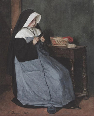 a seated nun at a table knitting - François Bonvin — artwork view
