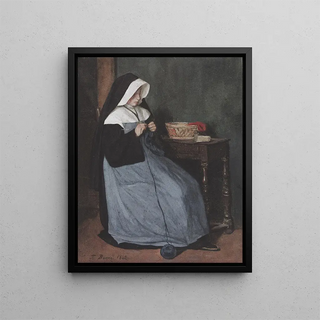 a seated nun at a table knitting - François Bonvin — framed artwork on a wall