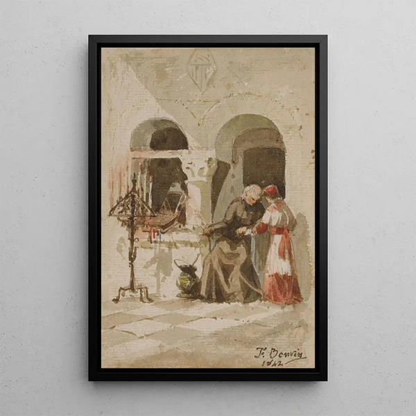A seated monk with an acolyte standing - François Bonvin — framed artwork on a wall