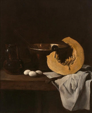 Eggs quarter of pumpkin and copper basin on a mantelpiece - François Bonvin — artwork view