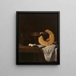 Eggs quarter of pumpkin and copper basin on a mantelpiece - François Bonvin — framed artwork on a wall