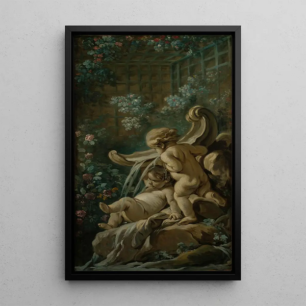 Fontaine with two loves, one of which is lying down - François Boucher — framed artwork on a wall