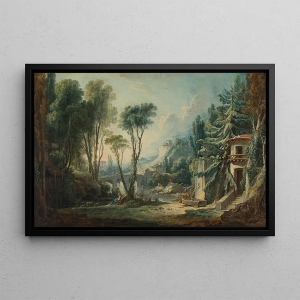 Pastoral landscape painting with river - François Boucher — framed artwork on a wall
