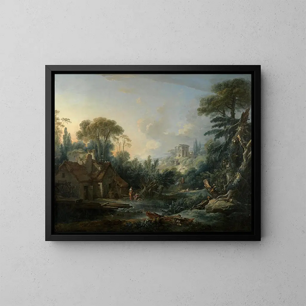 Landscape painting with a water mill - François Boucher — framed artwork on a wall