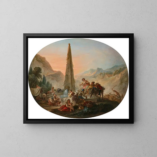 The return of the hunt and lively scene at the fountain - François Guérin — framed artwork on a wall