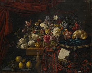 Flower Still Life Painting on a Table with a Rug, a Music Book, and a Sitting Dog on a Cushion - François Habert — artwork view