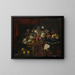 Flower Still Life Painting on a Table with a Rug, a Music Book, and a Sitting Dog on a Cushion - François Habert — framed artwork on a wall