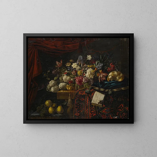 Flower Still Life Painting on a Table with a Rug, a Music Book, and a Sitting Dog on a Cushion - François Habert — framed artwork on a wall