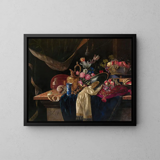 Nature morte with a jug, a bouquet of tulips, and a mandoline - François Habert — framed artwork on a wall