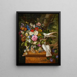 Flowers in a Vase with Two Doves - François Lepage — framed artwork on a wall