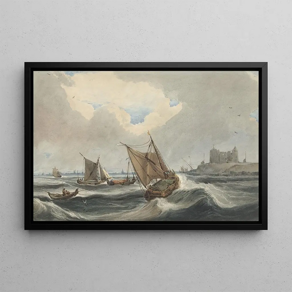 Ships in front of the port of Flessingue - François Louis Thomas Francia — framed artwork on a wall