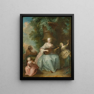 a young woman playing an instrument and a child holding a rat - François Octavien — framed artwork on a wall