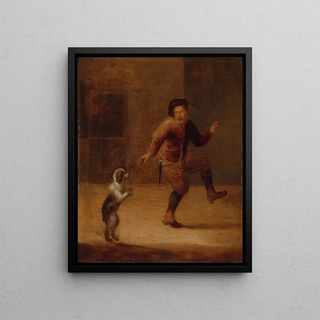 a man dancing with a dog - François Verwilt — framed artwork on a wall
