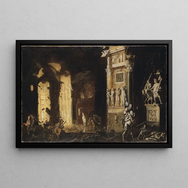L'Incendie de Troie avec la Fuite d'Énée et Anchise - François de Nom — framed artwork on a wall