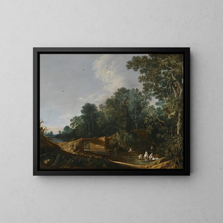 Landscape Painting with Venus's Toilet - François van Knibbergen — framed artwork on a wall