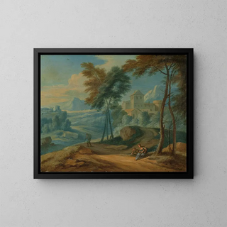 Italian wooded landscape with figures - Frans Boudewyns — framed artwork on a wall