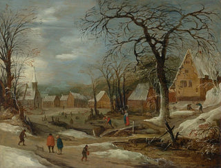 A winter landscape with figures near an icy river in a village - Frans de Momper — artwork view