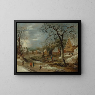 A winter landscape with figures near an icy river in a village - Frans de Momper — framed artwork on a wall