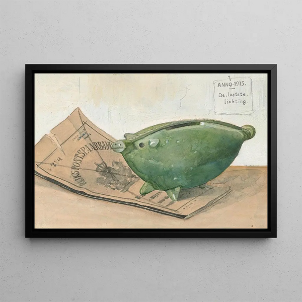 Piggy bank and savings booklet - Frans Everbag — framed artwork on a wall