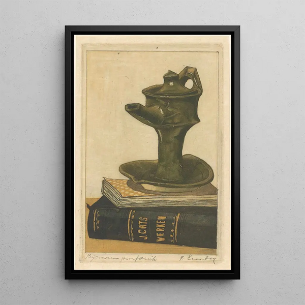 Still life with jug and books - Frans Everbag — framed artwork on a wall