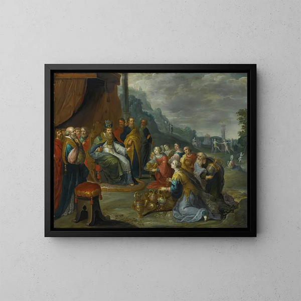 Aaron receiving gold from the Israelites - Frans Francken the Younger — framed artwork on a wall