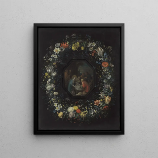 Flower Garland Painting with the Adoration of the Shepherds - Frans Francken the Younger — framed artwork on a wall