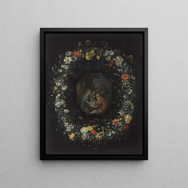Flower Garland Painting with the Adoration of the Shepherds - Frans Francken the Younger — framed artwork on a wall
