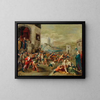 Pilate washing his hands in innocence - Frans Francken the Younger — framed artwork on a wall