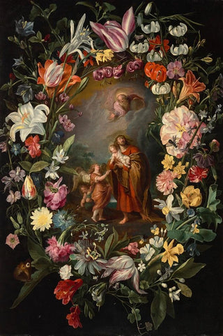 Frans Francken the Younger - Saint John carrying the Christ Child with God the Father and angels surrounded by a garland of flowers.webp