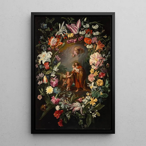 Saint John carrying the Child Jesus with God the Father and angels surrounded by a garland of flowers - Frans Francken the Younger — framed artwork on a wall