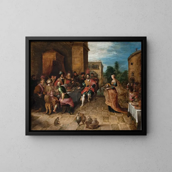 the banquet of Herod, Salome presenting the head of John the Baptist - Frans Francken the Younger — framed artwork on a wall