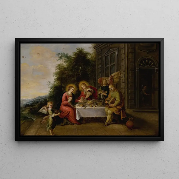 The Holy Family dining outdoors served by angels - Frans Francken the Younger — framed artwork on a wall