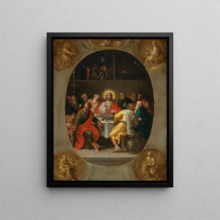 The Last Supper in an oval painting The Godfather and the four evangelists - Frans Francken the Younger — framed artwork on a wall